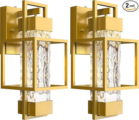 PARTPHONER Modern Outdoor Light Fixtures Dusk to Dawn Outdoor Lighting 2 Pack, 15" Exterior Wall Sconce Waterproof Outside Porch Light for House with Water Glass Black Brushed Gold