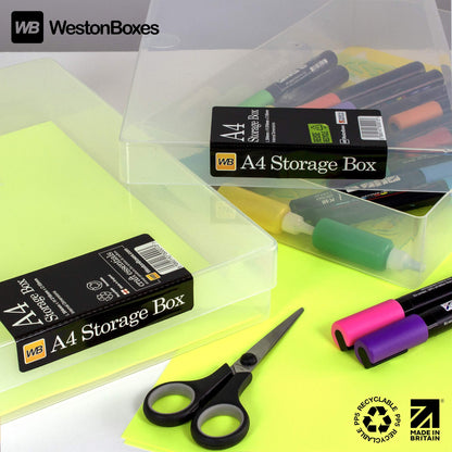WestonBoxes A4 Colourful Transparent Plastic Craft Storage Boxes with Lids for Art Supplies, Paper and Card (Multicoloured/Transparent, Pack of 5)