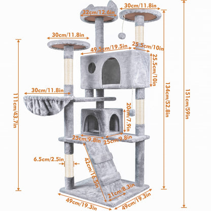 HOMIDEC Cat Tree,151cm Cat Tower for Indoor Kitty,Scratching Post Stable Activity Centre Climbing Tree with 2 Kitty Houses, Hammock, 4 Sisal Posts, Ladder, and Rest Place