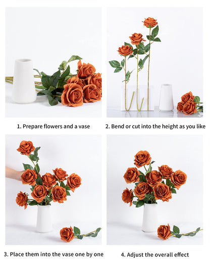 DuHouse 10Pcs Artificial Roses Fake Silk Flowers Realistic Bridal Bouquets with Single Long Plastic Stems for Arrangement Wedding Table Centerpiece Party Home Decor(Burnt Orange)