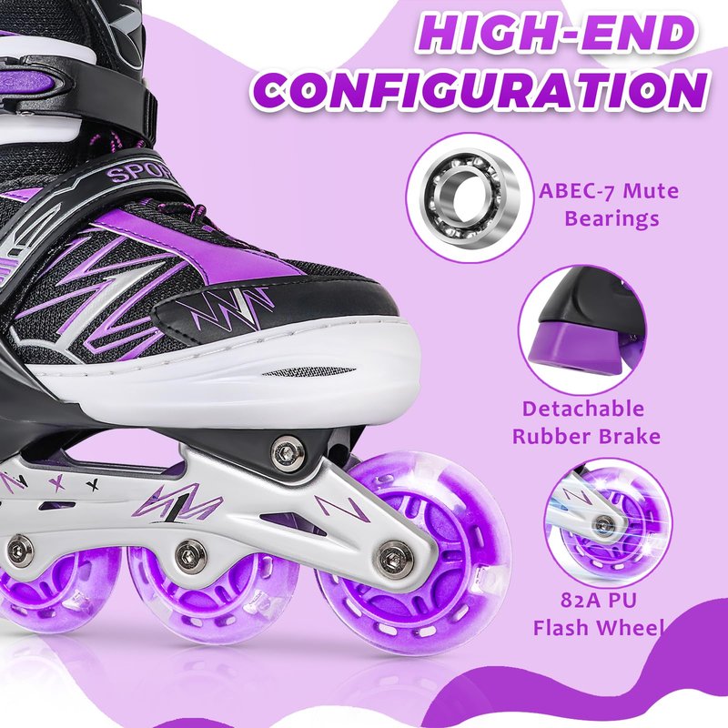 LEJIJIT Adjustable Kids Inline Skates for Girls Boys Children Beginners, Black & Purple Inline Skates with Light Up Wheels for Kids and Youth for Indoor Outdoor Sports (Medium)