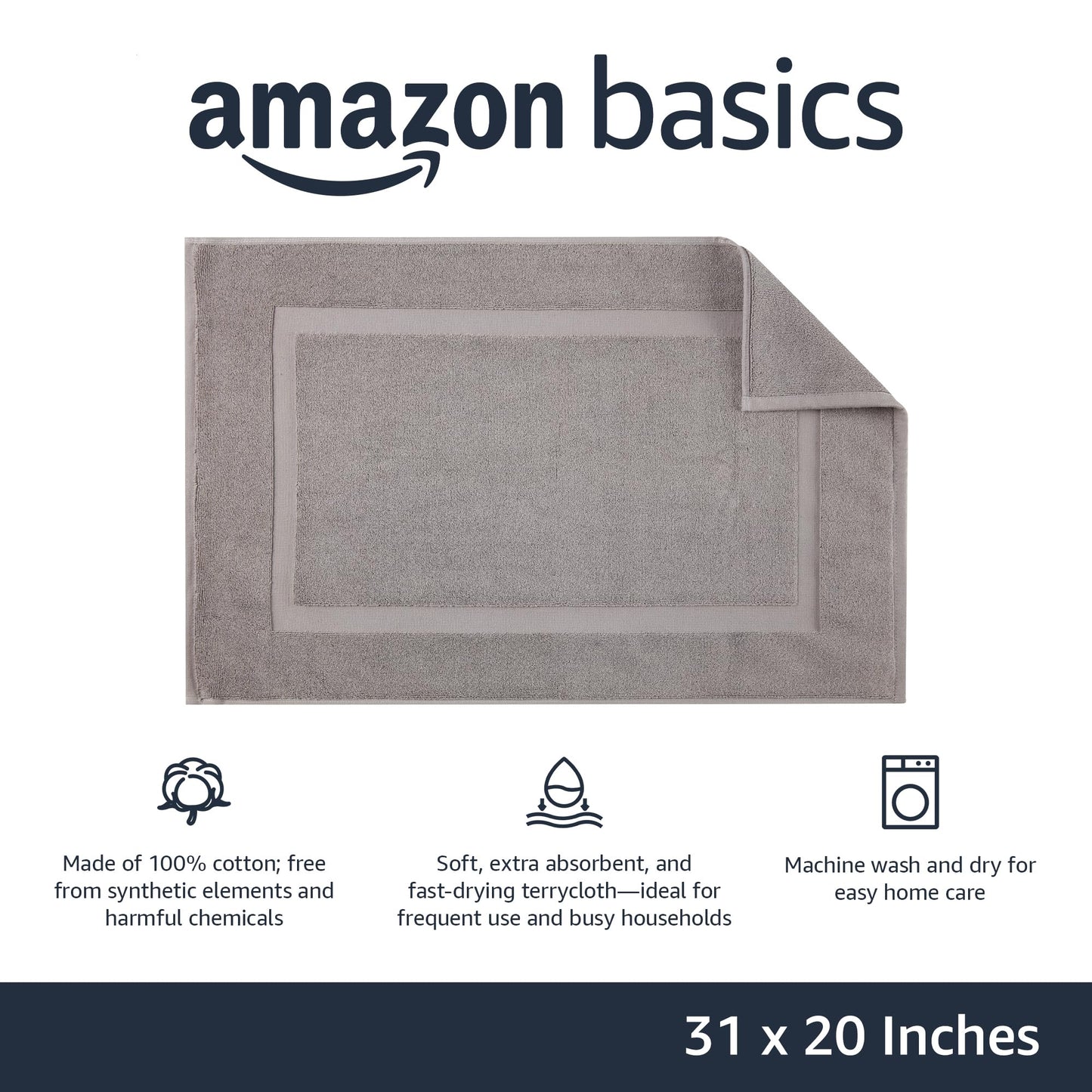Amazon Basics Banded Bathroom Bath Rug Mat, Machine Washable, 100% Cotton, 31" x 20", Powder Gray