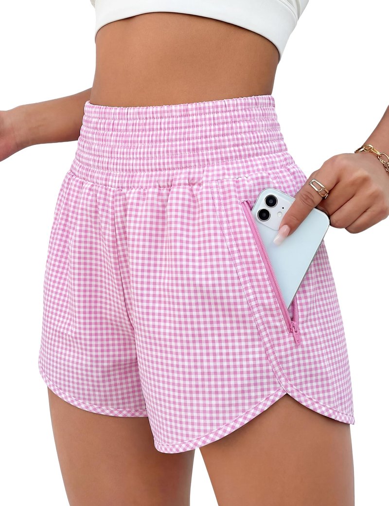 BMJL Women's Athletic Shorts High Waisted Running Short Pocket 2.5" Sporty Shorts Gym Elastic Workout Shorts(M,Pink Plaid)