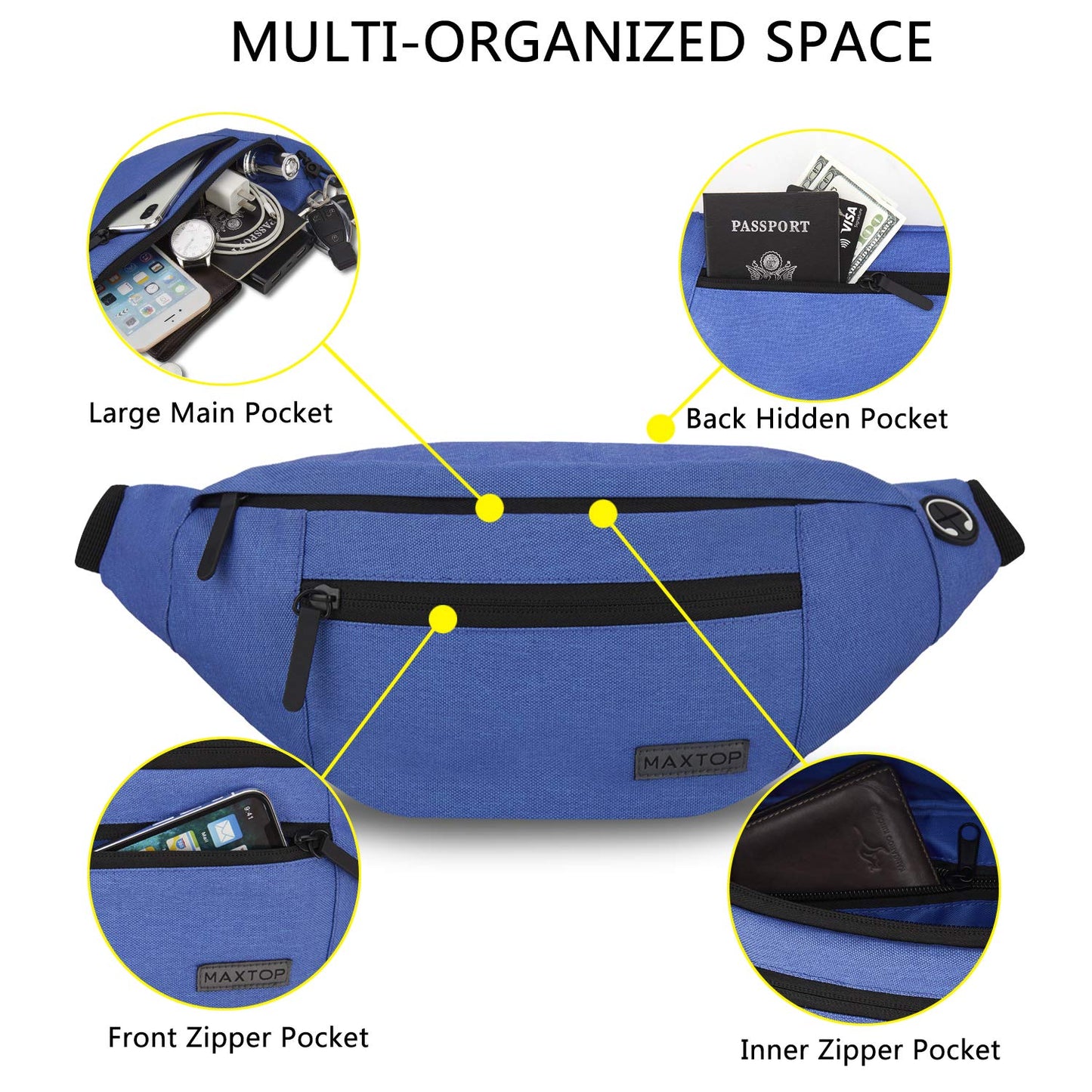 MAXTOP Large Crossbody Fanny Pack Belt Bag for Women Men with 4-Zipper Pockets Gifts for Enjoy Sports Yoga Festival Workout Traveling Running Hands-Free Wallets Waist Pack Phone Bag Fits All Phones