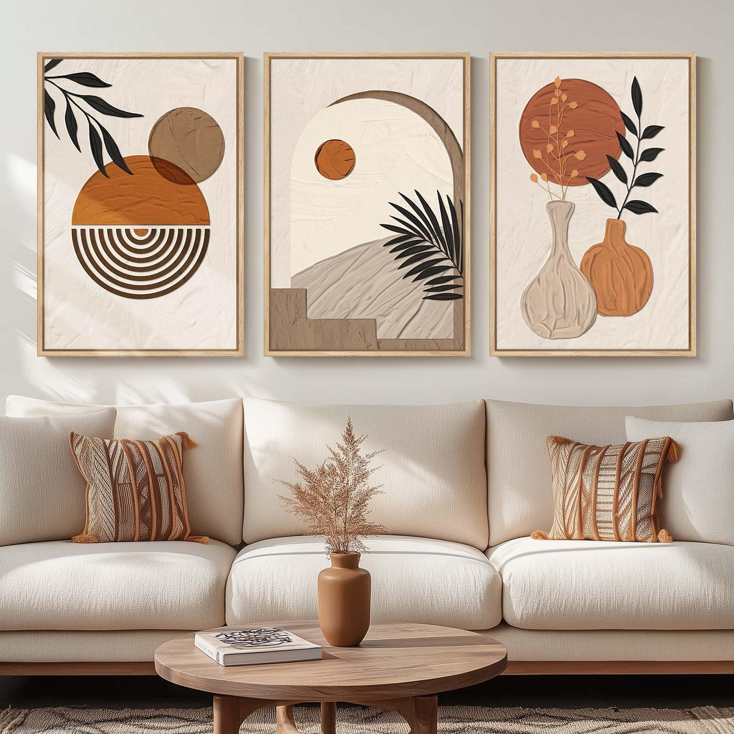 Framed Boho Sage Green Wall Art for Living Room, Large Mid Century Modern Tropical Leaf Canvas Artwork for Walls, 3 Piece Beige Orange Bohemian Wall Art Prints for Bedroom Kitchen Hallway, 16x24 Inch