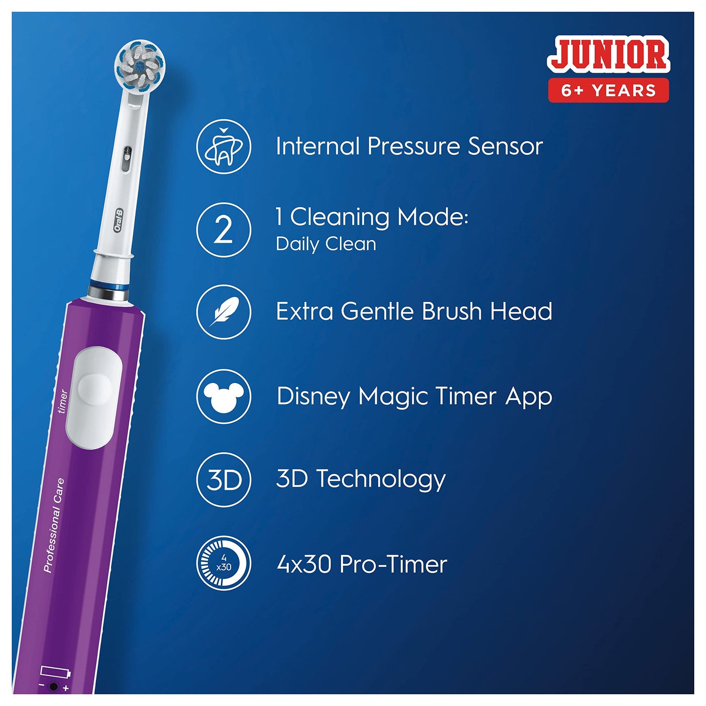 Oral-B Kids Electric Toothbrush, Christmas Gifts for Kids, 1 Toothbrush Head, with Kid-Friendly Sensitive Mode, for Junior Kids Ages 6+, 2 Pin UK Plug, Purple