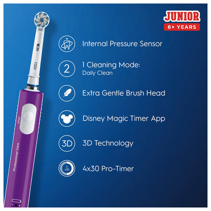 Oral-B Kids Electric Toothbrush, Christmas Gifts for Kids, 1 Toothbrush Head, with Kid-Friendly Sensitive Mode, for Junior Kids Ages 6+, 2 Pin UK Plug, Purple