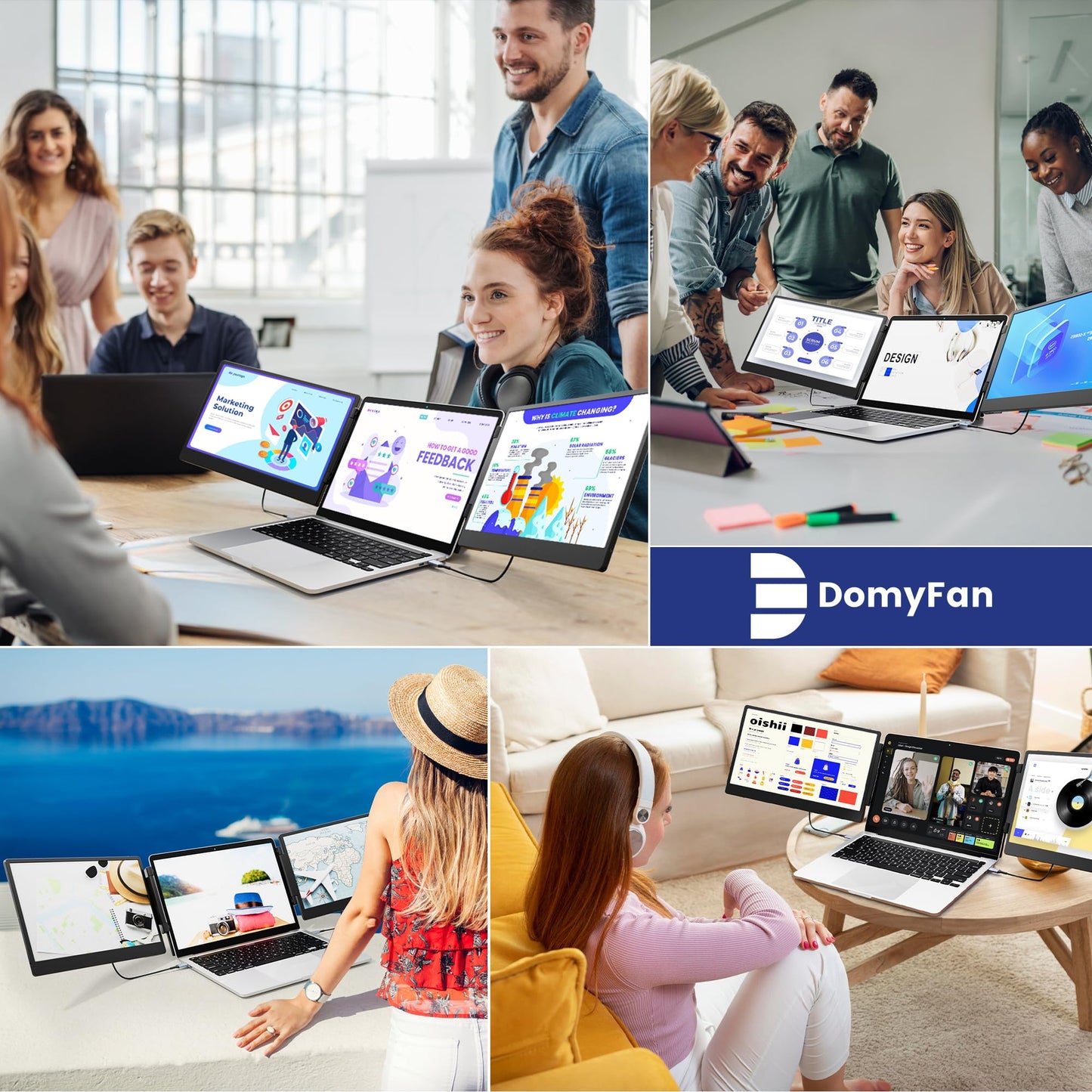 domyfan 14" Laptop Screen, S3 FHD 1080P IPS Triple Portable Monitor Laptop, HDMI/USB-A/Type-C Plug and Play, Compatible with Windows/Mac/Android/Chrome