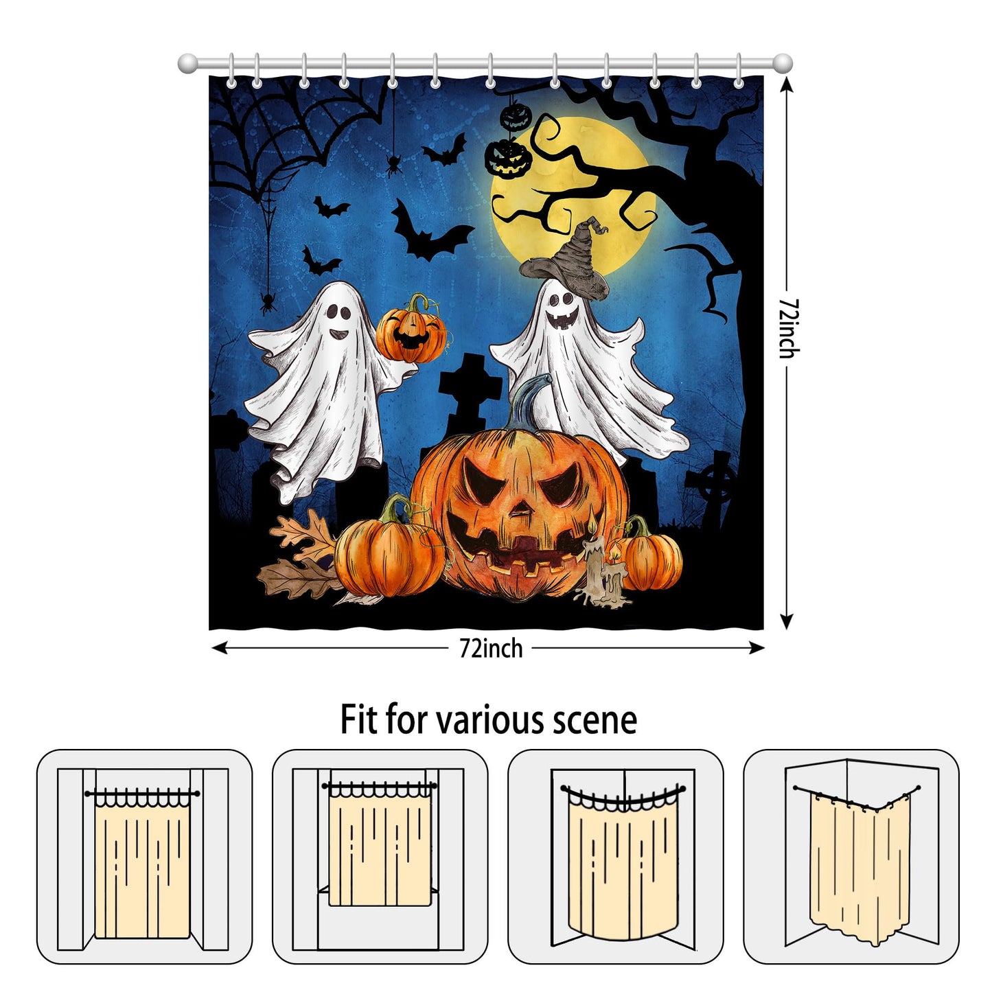 pinata Halloween Shower Curtain for Bathroom, Halloween Bathroom Decor, Ghost Shower Curtain Pumpkins Bath Curtains with Hooks 72x72