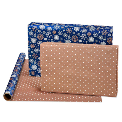 American Greetings Foil Christmas Wrapping Paper Rolls, Metallic Rose Gold and Navy Blue Holiday Gift Wrap (80 sq. ft., 4 Rolls-30 in. x 8 ft., Reversible) Snowflakes, Reindeer, Merry Christmas