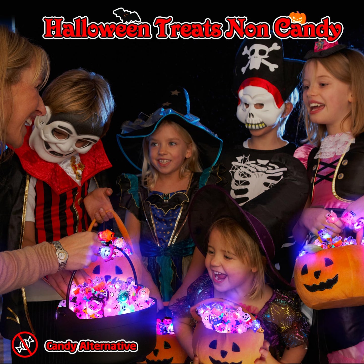 Nucifer 50 Pcs Halloween Treats Light Up Rings Toys Bulk 3D LED Flashing Glow In The Dark Rings Party Supplies Prizes Non Candy Treats Halloween Party Favors Gifts Toys Kids Adults Goodie Bag Stuffers