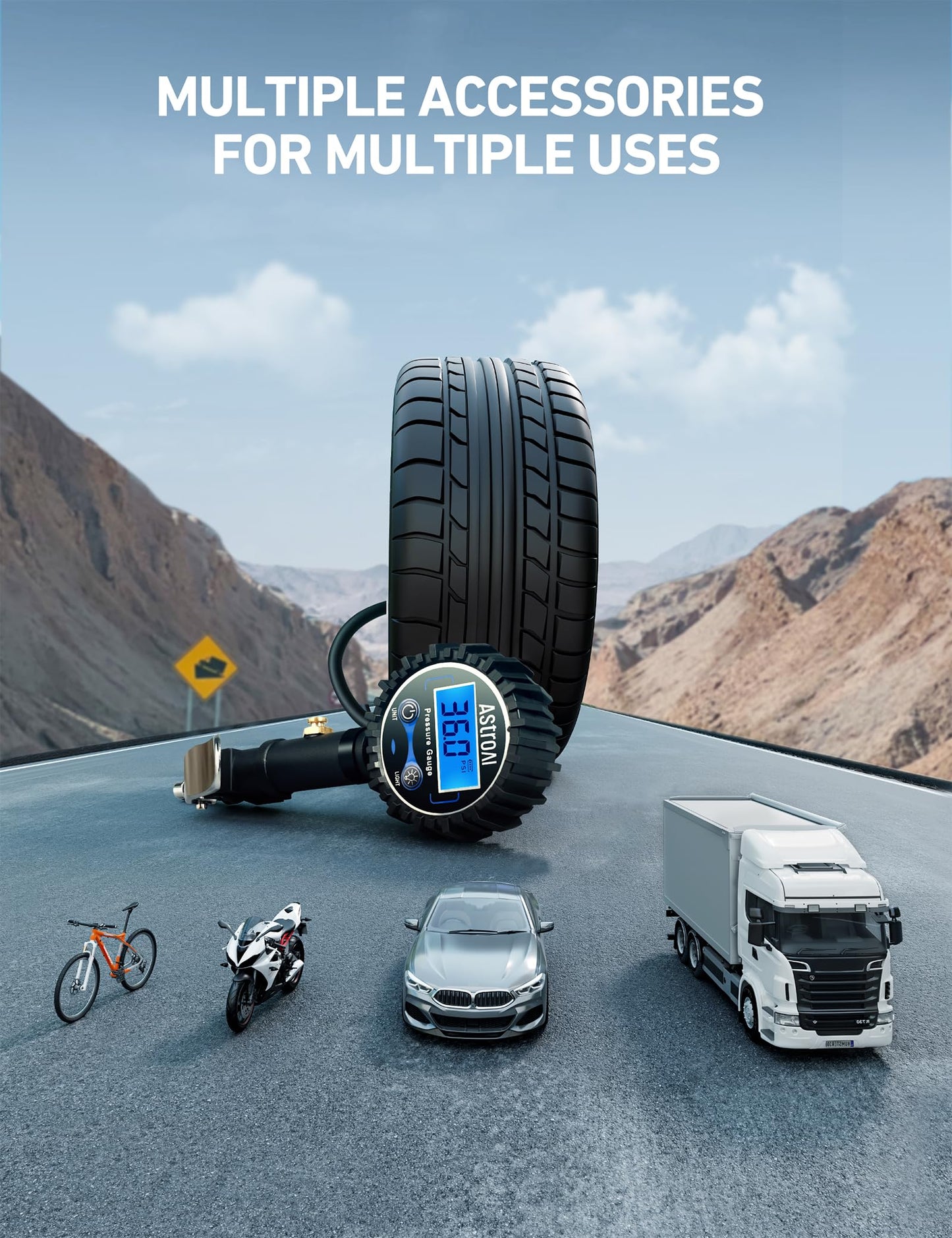 AstroAI Digital Tire Pressure Gauge with Inflator(3-250 PSI 0.1 for Display Resolution), Heavy Duty Air Chuck and Compressor Accessories with Rubber Hose and Quick Connect Coupler, Blue