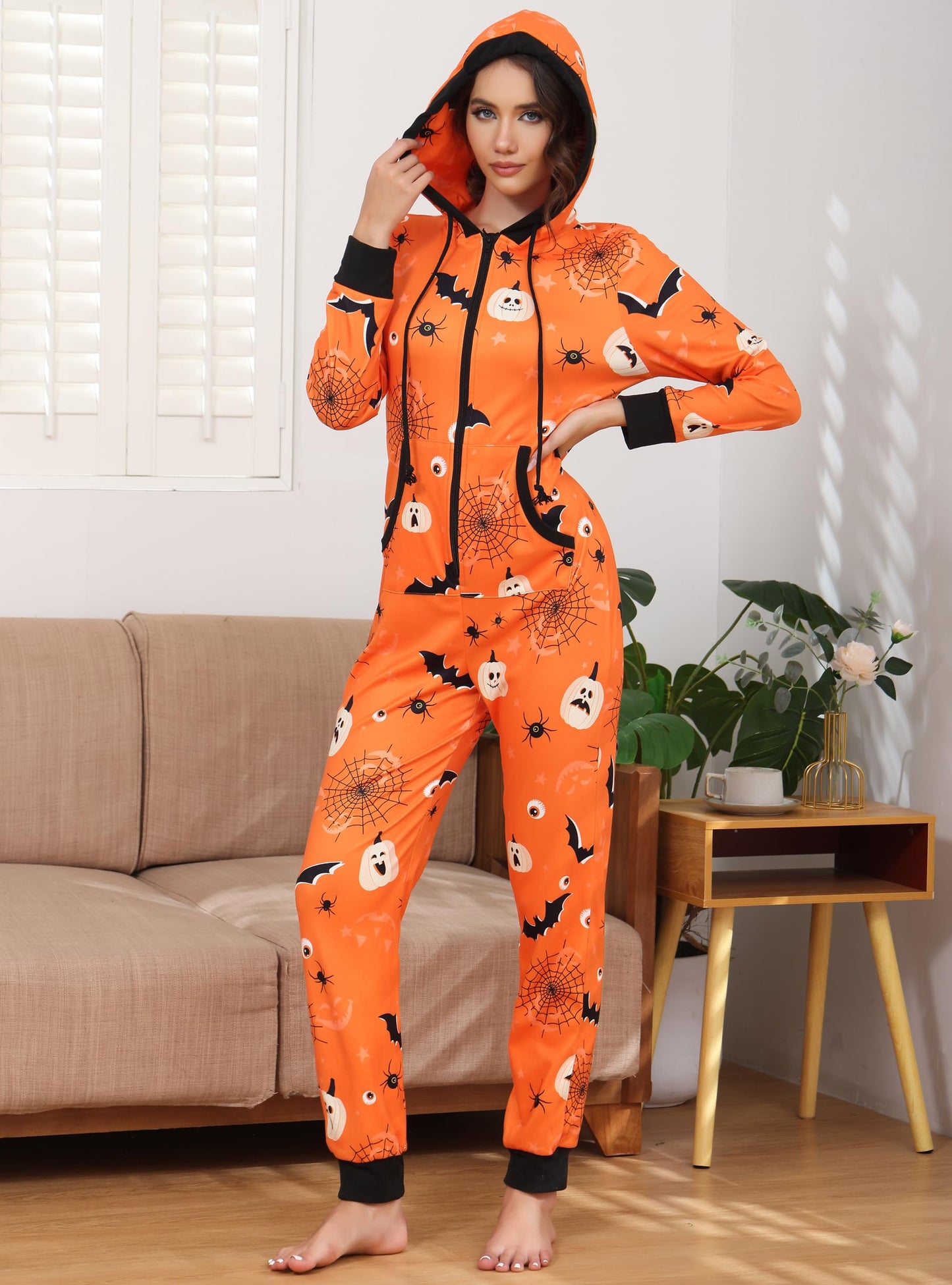 Veseacky Matching Onesies for Couples Zipper Hooded Adult Halloween Onesie Pajamas with Pockets Women Jumpsuit (Orange,XL)