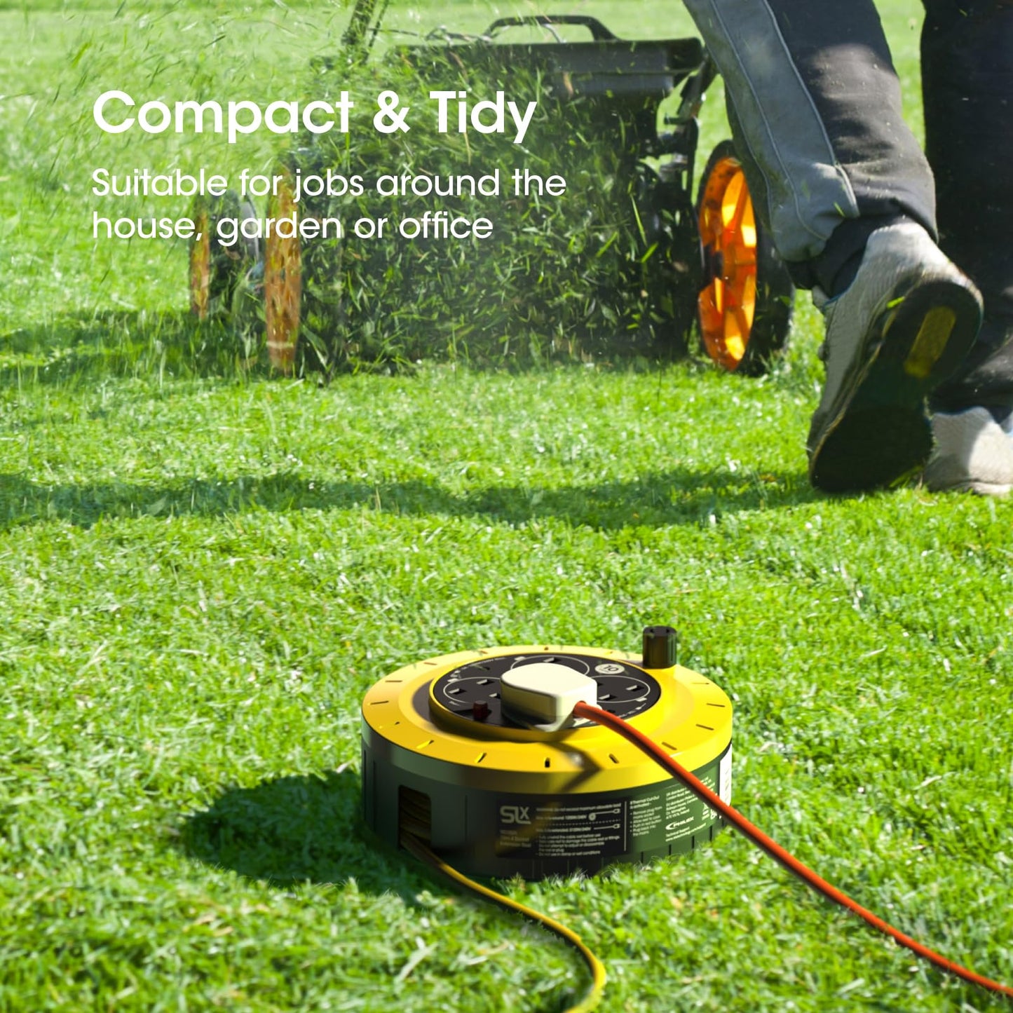 SLx Outdoor Extension Lead, 10m, 4 Socket Extension Reel, Heavy Duty Extension Cable, Thermal Cut Out, Extension Lead for Garden Lawn Mower Office, 13A Fused UK Plug