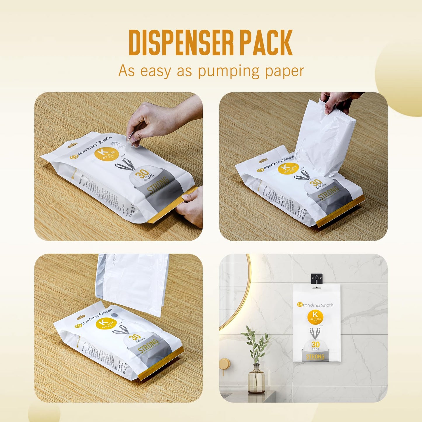 GRANDMA SHARK 38-48L UP TO 55L Bin Bags Liners Drawstring Trash Bag, Handle Waste Bags, 90 Garbage Bag, Super Strong, Anti-drip Unscented, 60 × 74 cm