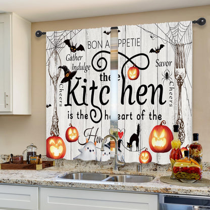 Riyidecor Halloween Rustic Farmhouse Kitchen Curtains Short Small Ghost Pumpkin Bat Spider Web Fork Spoon Rod Pocket Wood Plank Board Cool Bedroom Living Room Treatment Fabric 2 Panels 27.5Wx39H Inch