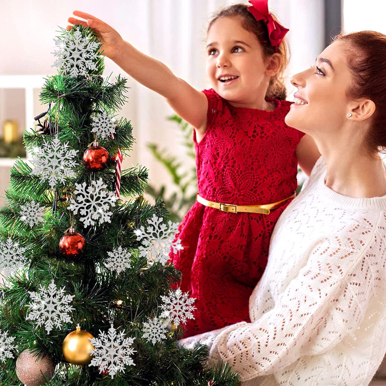 46Pcs Plastic Snowflake Ornament Christmas Glitter Snowflake Hanging Christmas Tree Decorations with Silver Rope for Winter Decorations Tree Window Door Accessories (Silver)