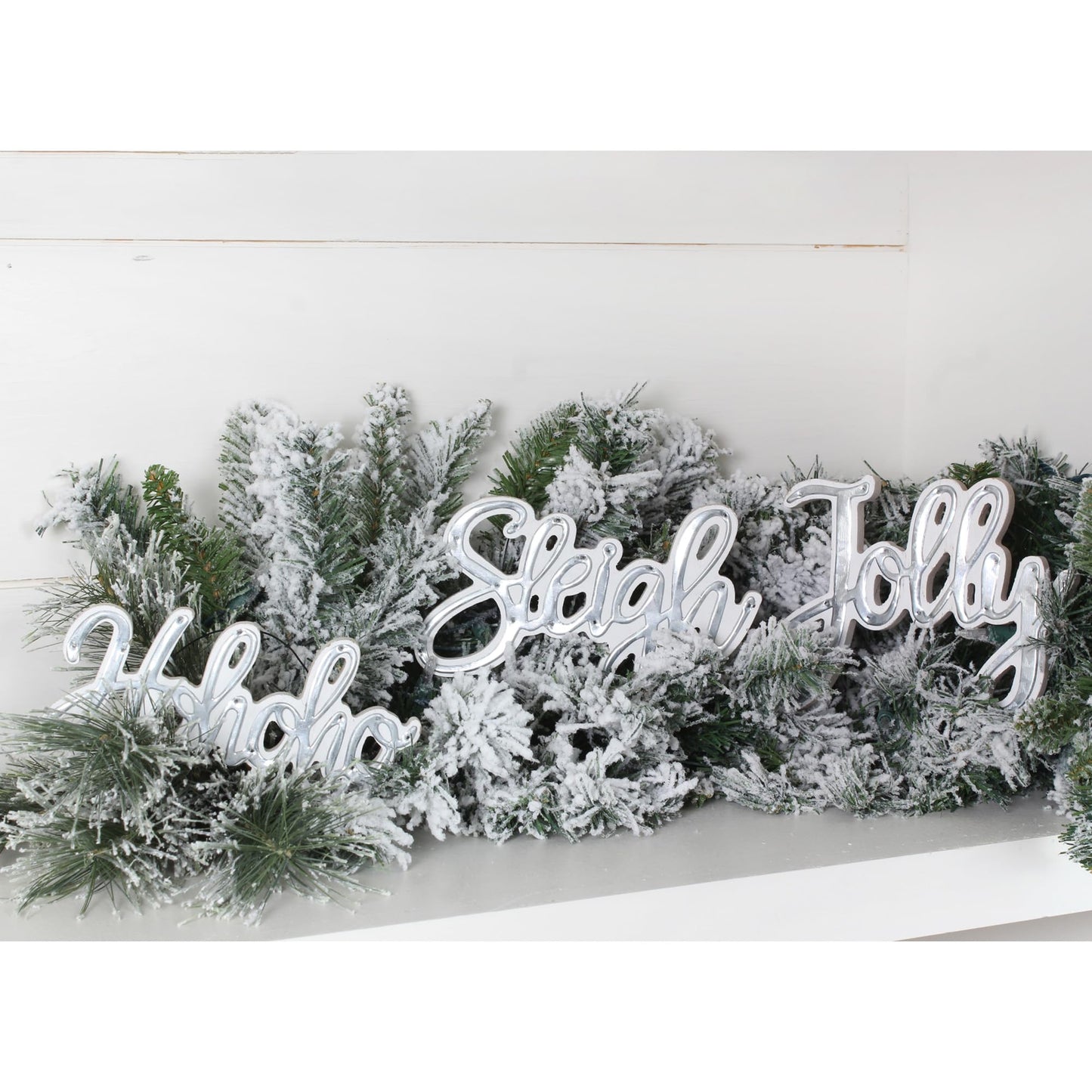 AuldHome Design Large Farmhouse Christmas Word Art Ornaments in Galvanized Rustic Tin Script w/Jolly, Sleigh and Hohoho, (Set of 3 7-Inch Signs)
