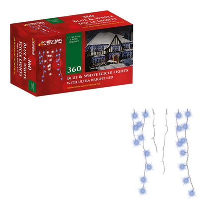 Christmas Workshop 78650 360 Icicle LED Outdoor Christmas Lights | 8.5 Metres | Blue & White Colour | Indoor & Outdoor Fairy Lights | Weddings & Gardens | 8 Functions | Mains Powered