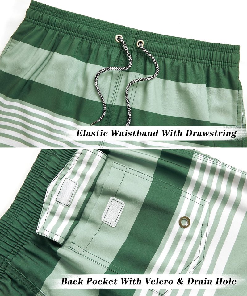 ELETOP Men's Swim Trunks Quick Dry Bathing Suit Swimming Board Shorts Mesh Lining Beach Swimwear Stripe Green White XXL
