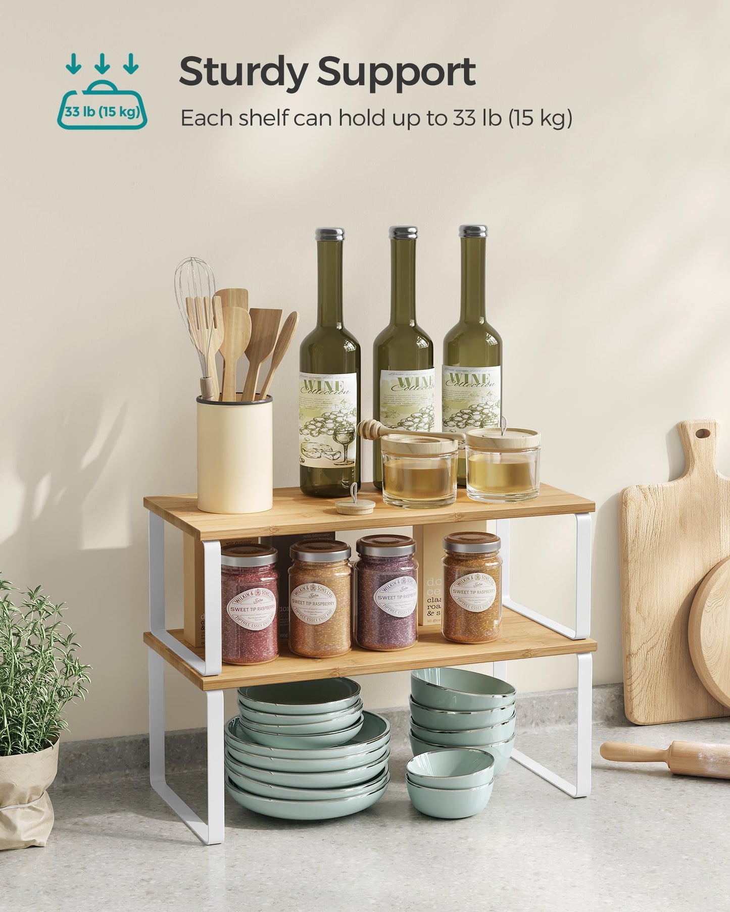 SONGMICS Cabinet Organizer Shelf, Set of 4 Kitchen Counter Shelves, Kitchen Storage, Spice Rack, Stackable, Expandable, Metal and Engineered Wood, Cloud White and Natural Beige UKCS010N01