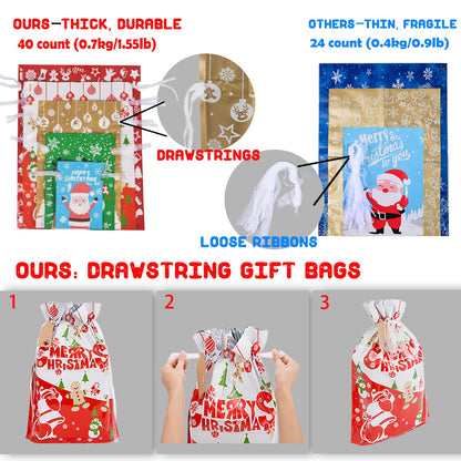 YALTOON 40pcs Drawstrings Christmas Gift Bags Assorted Sizes, Christmas Bags for Gifts Wrapping, Holiday Presents