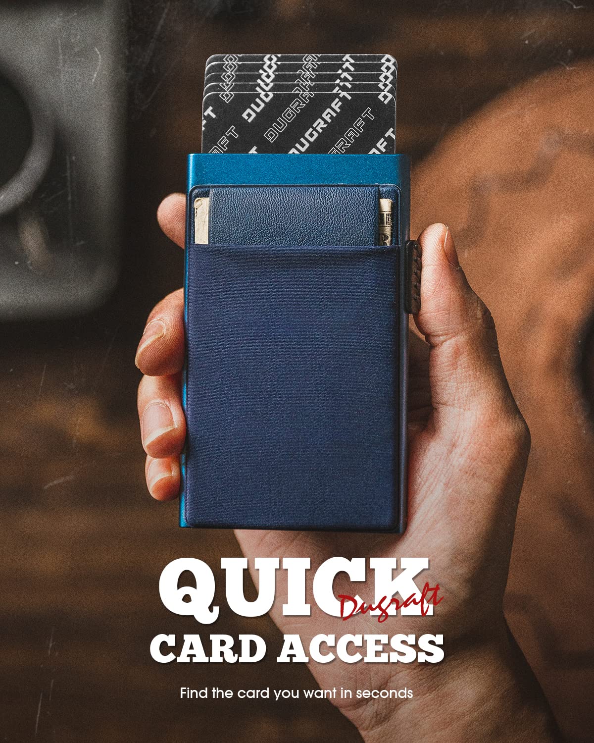 DUGRAFT Men's Pop-Up Credit Card Holder Wallet - Slim RFID Blocking Aluminium Metal Wallet with Coin Pocket, Holds 6+ Cards & Cash | Minimalist Gift Box Included - UK Mens Wallets Essentials, Navy
