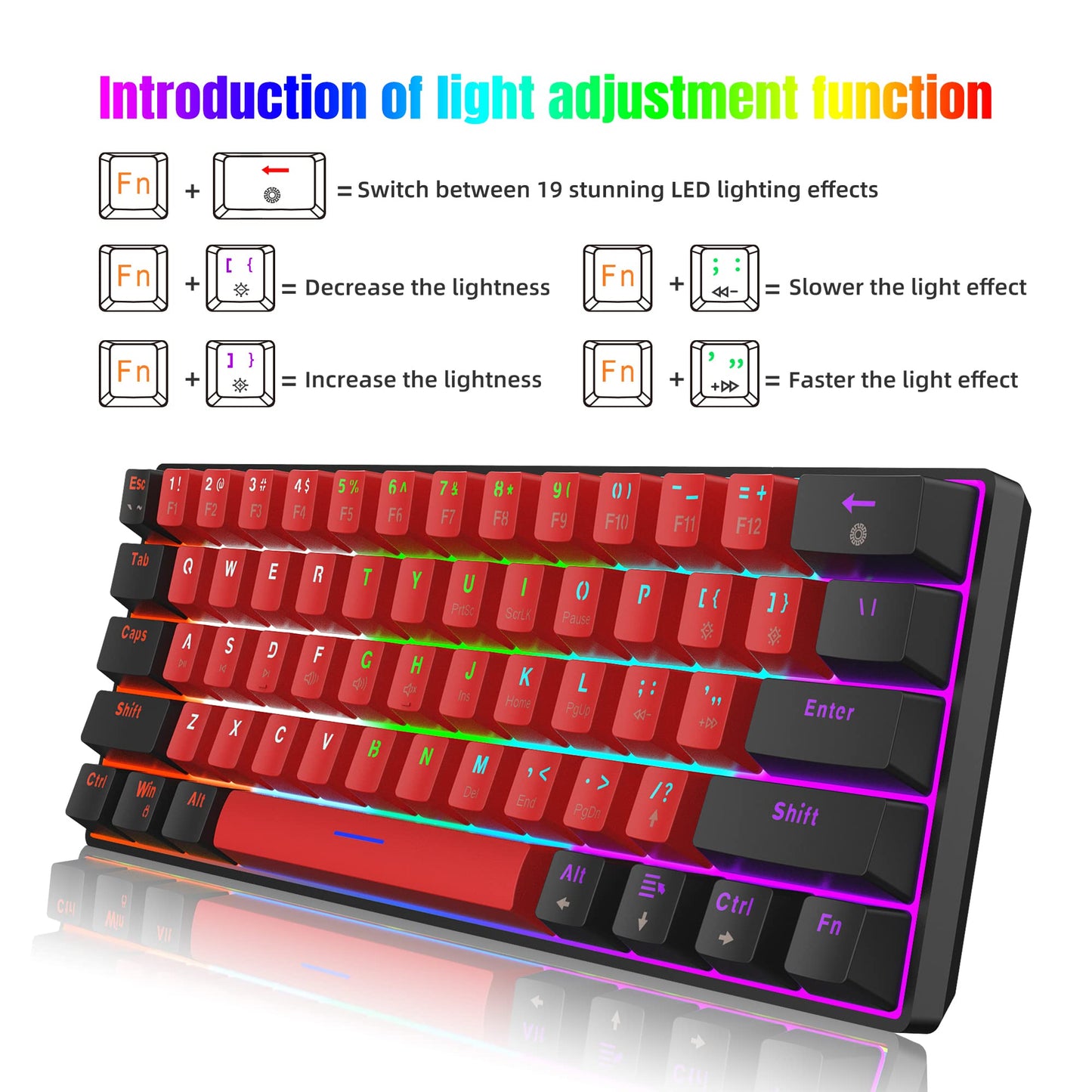 Snpurdiri 60% Compact Size Mechanical Gaming Keyboard - Red Switches | USB-C Wired | UK Compatible US Layout | 16.8M RGB Backlit | Portable for PC & Laptop (Black-Red)
