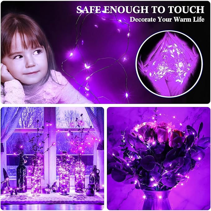 Hortsun 100 Packs Fairy Lights Battery Operated 3 Speed Modes, 7 Ft/ 2 M 20 LED Battery String Mini Waterproof Wire Twinkle Lights Bulk for Wedding Party Birthday Vases (Purple Light)