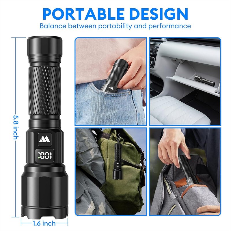 Rechargeable Flashlights - High Lumens LED Tactical Flashlight with LCD Power Display | Zoomable, 15H+ Runtime, IP65 Waterproof for Home & Camping