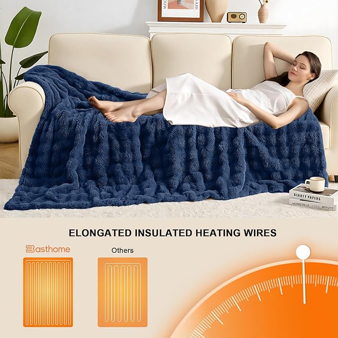 Heated Blanket Electric Throw Blanket 84''X 90''-Heating Blanket with 6 Heat Settings-10 Hours Auto Off,Cozy Faux Rabbit Fur Bubble Electric Blanket,Navy Blue