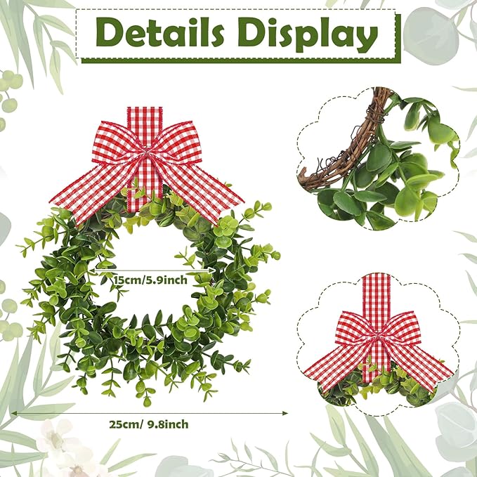 WILLBOND 4 Pcs Christmas Kitchen Cabinet Wreath Boxwood Garland with Ribbon Greenery Garland Hanging Wreaths for Cabinet Wall Window Door Fireplace Party Farmhouse Decor(Red and White,Fabric)