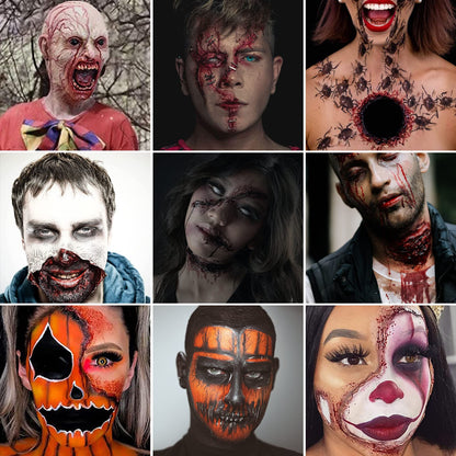 Professional Halloween SFX Special Effects Makeup Kits, Fake Blood, Scab Coagulated Blood Gel, 12 Colors Face Body Paint, Wound Modeling Scar Wax With Spatula Tool, Brushes, Stipple Sponge, Adhesive