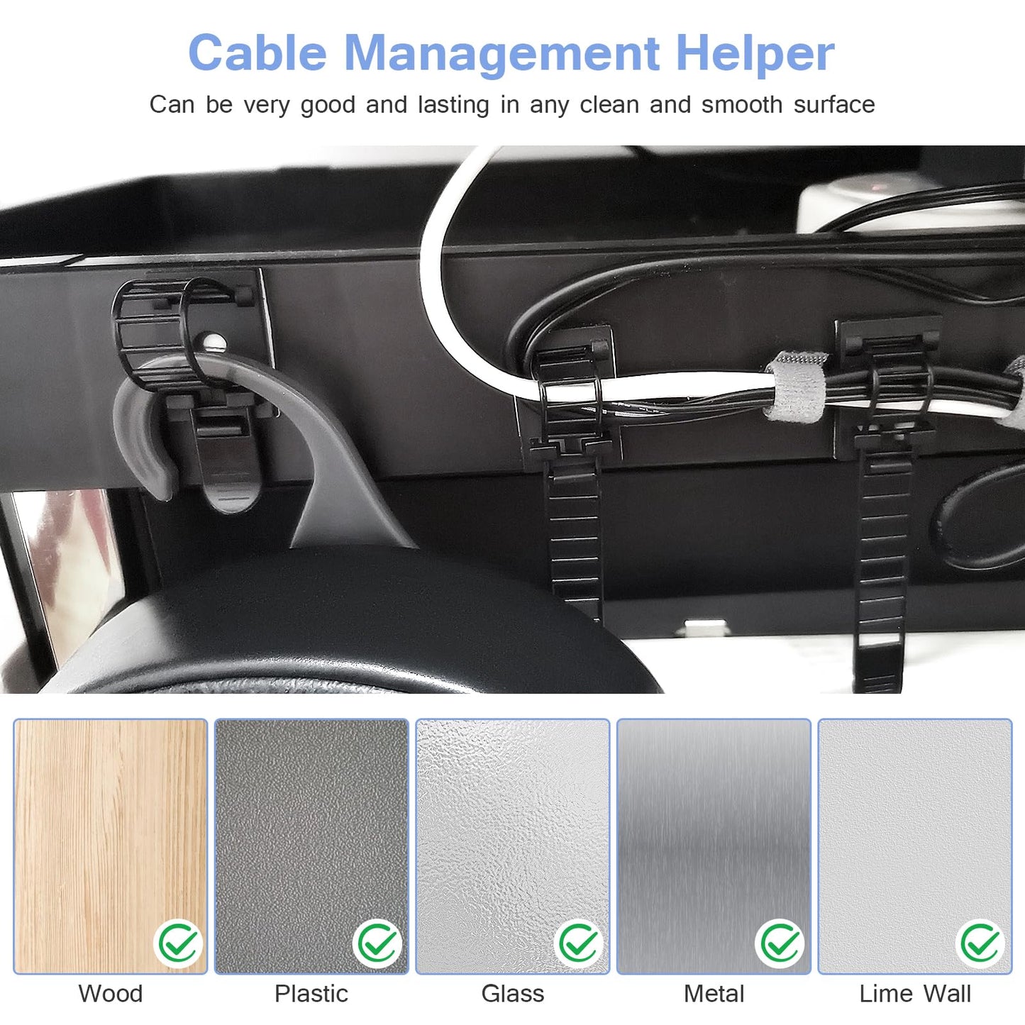 100PCS Adhesive Cable Ties Cable Clips, Self-adhesive Nylon Cable Straps, Adhesive Cable Management Clips for Wire Management (Black-Adhesive Cable Ties)