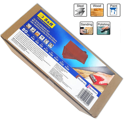 S&R Sandpaper Set with Hand Sanding Block – 80 Sheets (P40–P400) | 93 x 230 mm | 165 x 85 mm Manual Sander | Ideal for Wood, Metal, Plastic, and More