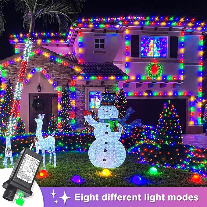 Christmas Lights Indoor Outdoor 197ft 600 LED Christmas String Lights Indoor 8 Modes Clear Wire, Plug in Waterproof Twinkle Fairy Lights for Bedroom Tree Christmas Decorations, Multicolor