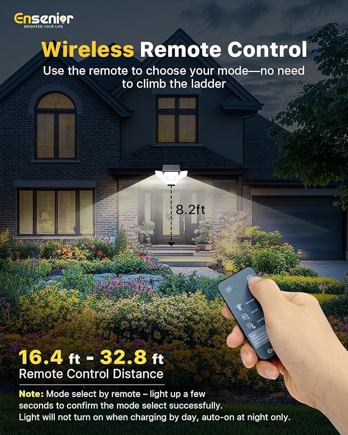 Ensenior Solar Lights Outdoor, IP65 Waterproof Motion Sensor Outdoor Light with Remote Control, 279 LED 4 Heads Solar Security Light with 4 Mode, 270° Wide Angle Solar Flood Light for Outside, 4 Packs