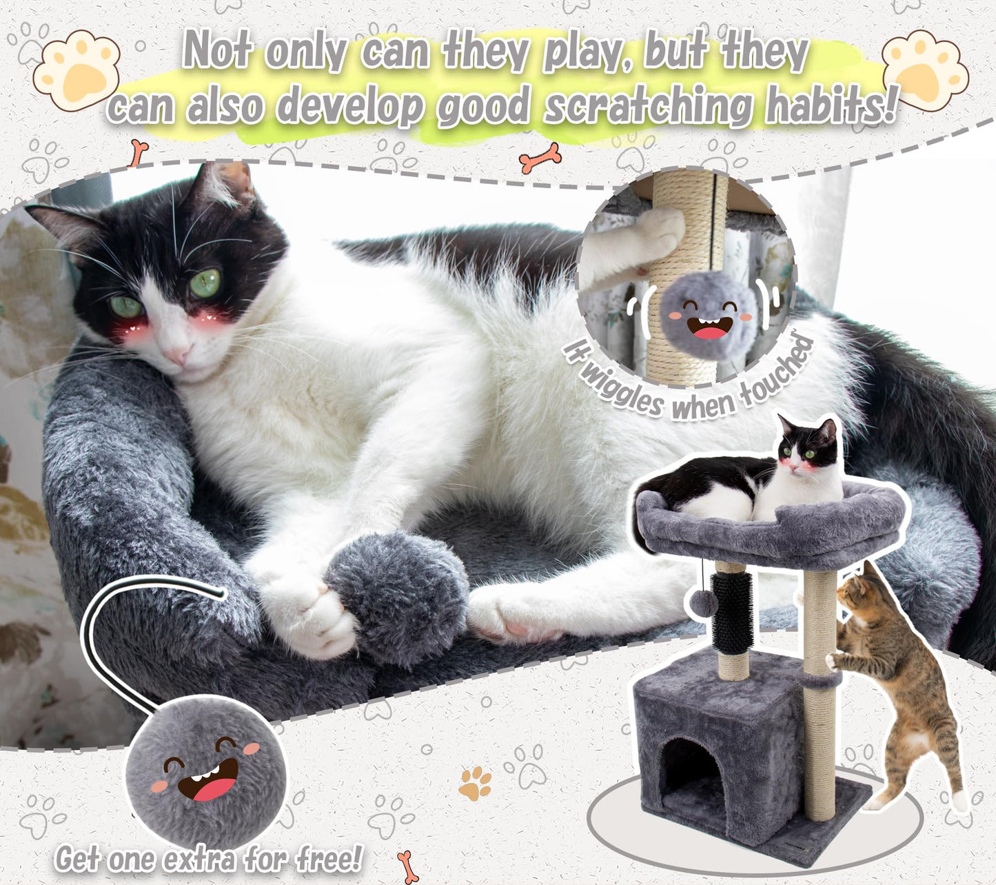 Hapineko 26.8" Small Cat Tree Tower,Cat Scratching Post for Indoor Cats,Featuring with Cat Cave & Cozy Perch,Cat Self Groomer and Interactive Dangling Ball Great for Kittens/Cats (Smoky Gray, Medium)