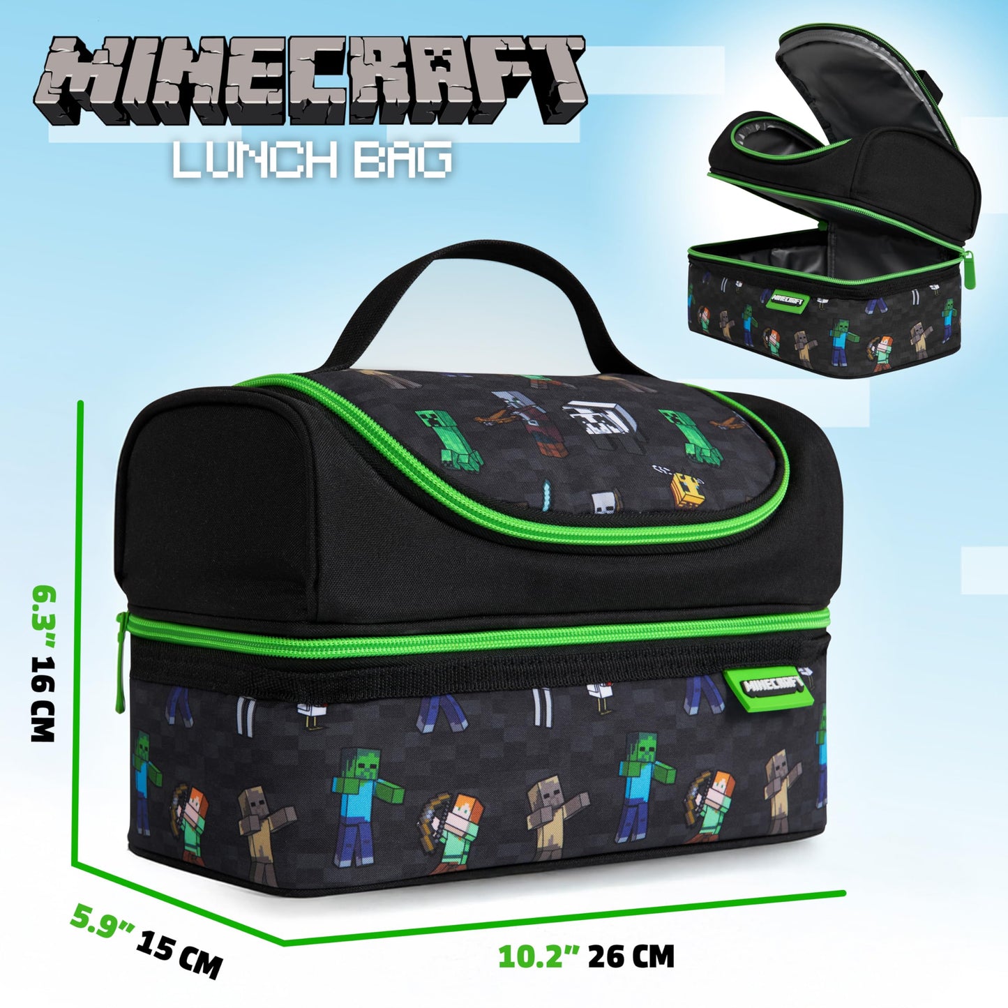 Minecraft Lunch Bag for Kids Insulated Lunch Box Creeper Snacks Food Carrier Options with Water Bottle for School Travel Picnic Cooler Bag (Black)