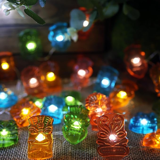 JASHIKA Tiki Mask String Lights USB Powered 20PCS 7FT, Tropical Hawaiian LED Fairy Lights with Remote and Optional Battery Box, Colorful 3D Mask Indoor Bar Dorm Bedroom Wall Shelf Party Decorations