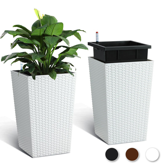 Tall Planters Set of 2, with Large Outdoor & Indoor Pots with Drainage Holes, Water Level Gauge, Inner Insert, Trays & Wheels, Auto-Watering Front Porch Planters for Terrace, Home, Office,White