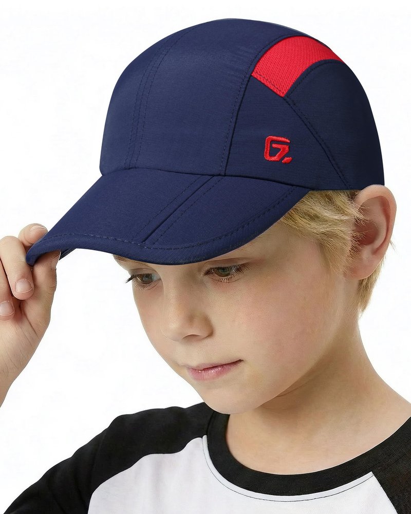 GADIEMKENSD Kids Baseball Cap Sun Hat, Foldable Packable Toddler Hat, UPF50+ UV Protection, Lightweight Breathable Quick Dry Cool Mesh Summer Cap for Boys Girls, Navy Red Mesh 4-9T