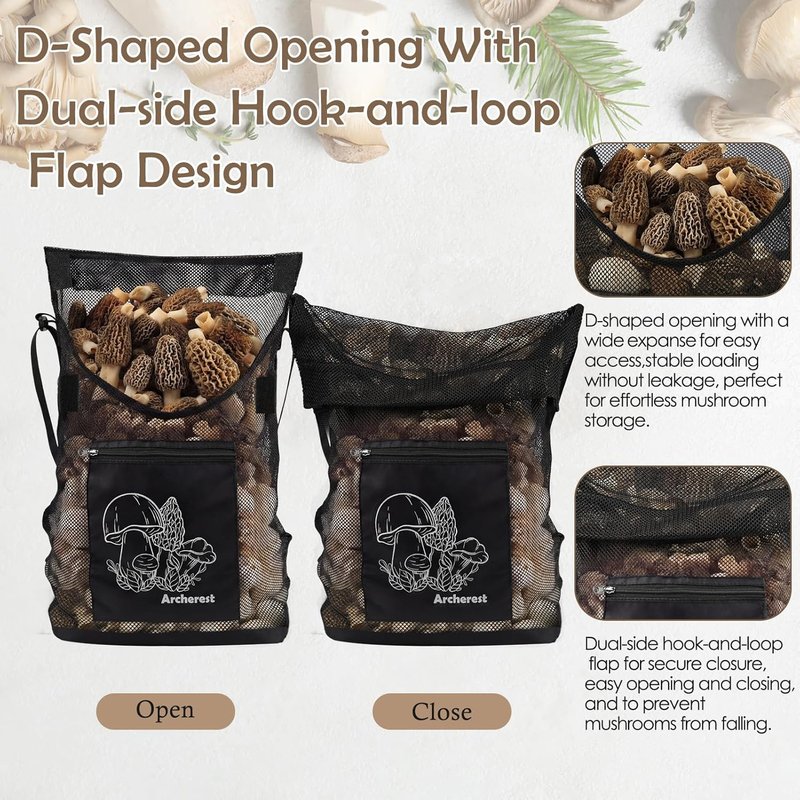 Mushroom Foraging Bag - D-Shaped Opening Mesh Pouch for Morel Picking | Adjustable Shoulder Strap
