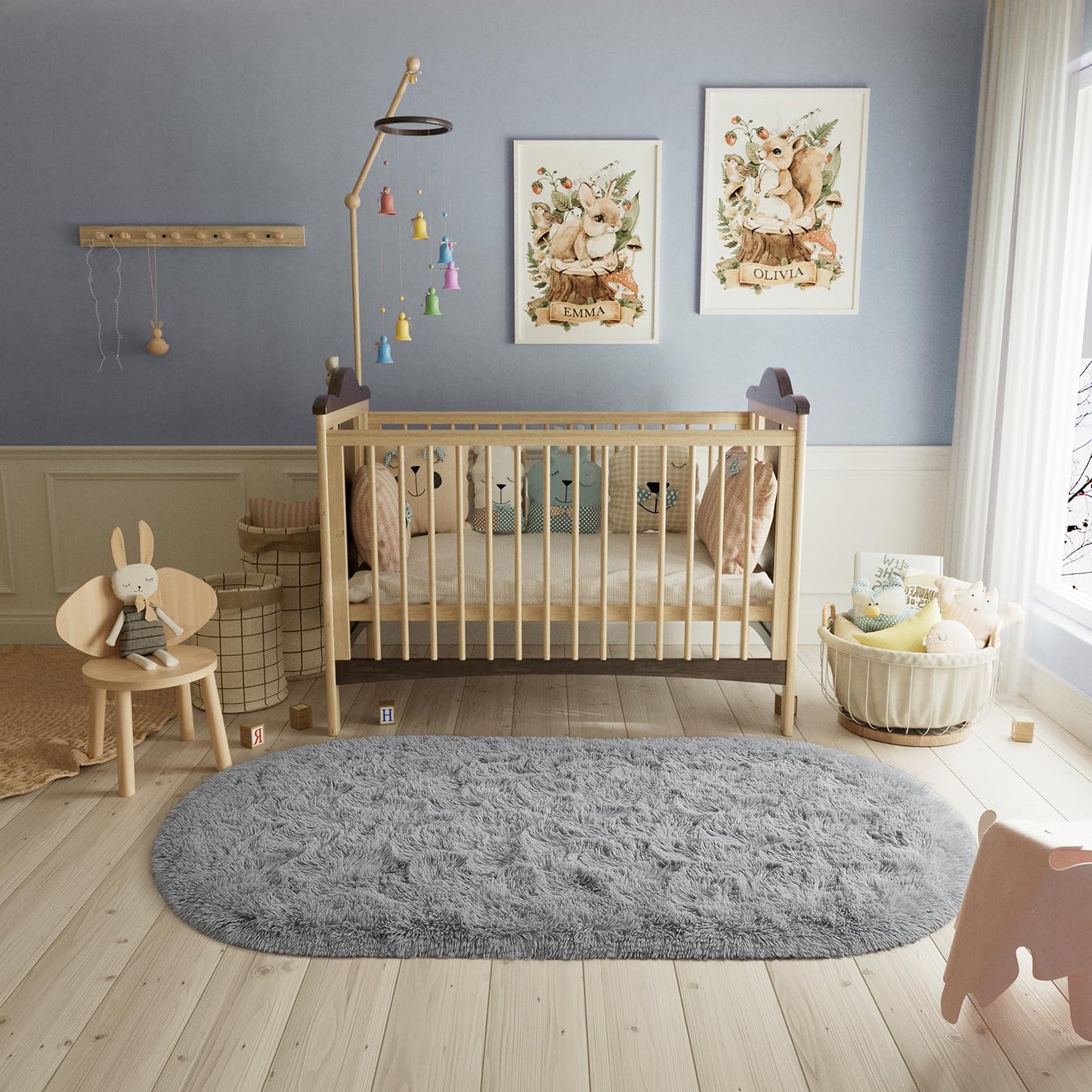 LOCHAS Bedroom Rug 2.6' x 5.3', Gray Fluffy Shaggy Area Rug for Bedroom Bedside, Soft Oval Throw Rugs Carpet for Kids Girls Nursery Living Room Home Decor