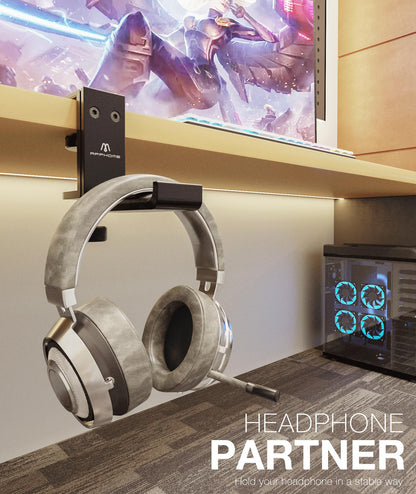 APPHOME Foldable Headphone Stand Hanger Holder, Space-Saving Aluminum Soundbar Stand with Universal Fit for Gaming PC Accessories, Under Desk Clamp Hook Mount (Black-2PC)