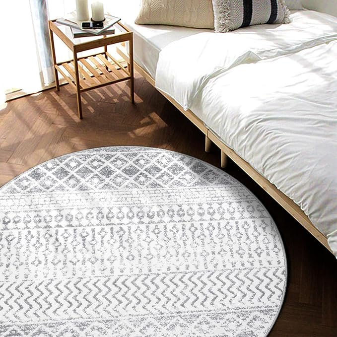 Moroccan Washable Round Rug, 4ft Grey Circle Rug Non Slip with Rubber Backing, Soft Non-Shedding Neutral Area Rug Indoor Floor Carpet for Bedroom Living Room Dining Room