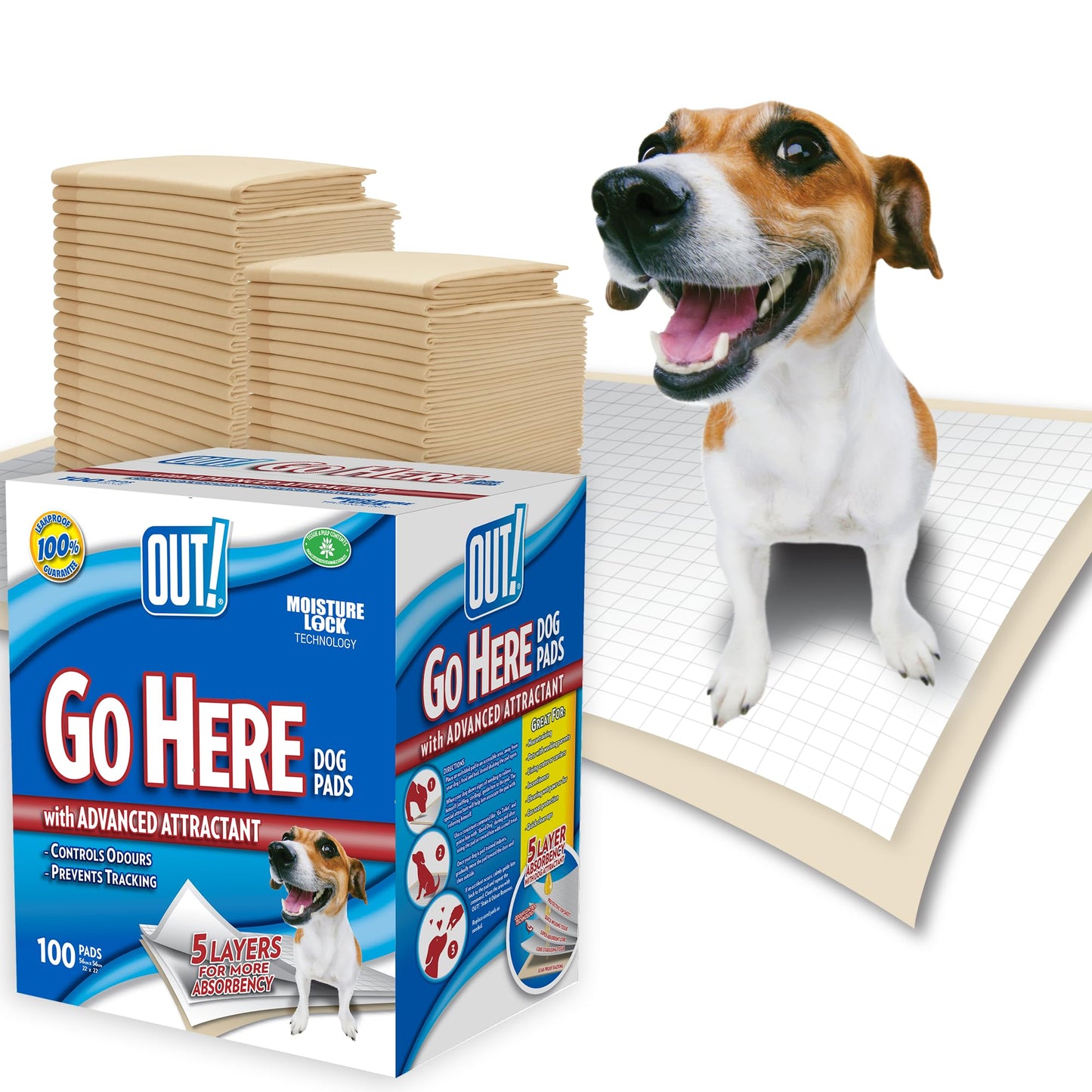 OUT! Go Here Absorbent Pet and Puppy Training Pads 100 Disposable Pads. 53 x 55cm. 5 layer leak-proof odour-control non-slip |100 Pads
