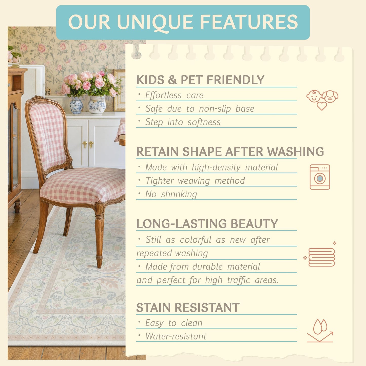 Washable Blue and Pink Rug 5x7 - Baby Girls Nursery Rug Non Slip, Soft Pastel Kids Playroom Decor Carpet, Light Blue and Green Oushak Floral Bedroom Living Room Dorm Carpet (Green and Pink)