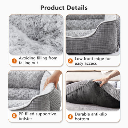 JOEJOY Medium Dog Bed Washable Pet Bed, Orthopedic Calming Dog with Raised Edges Rectangle Bed Non-Slip Bottom Puppy Bed, Soft Rose Velvet Pet Bed For Medium Dogs, Grey, 63x53x21 cm