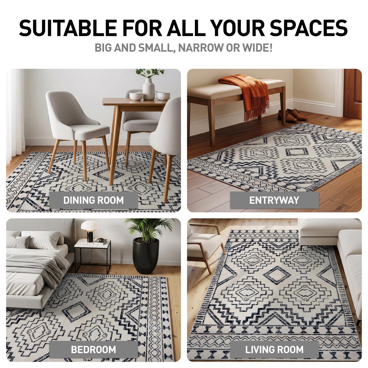 Rugshop Cream and Black Southwestern Tribal Area Rug – Boho Geometric Diamond Pattern Carpet for Living Room, Bedroom, or Entryway – Soft Modern Rustic Floor Décor 2' 3" x 8' Runner Cream